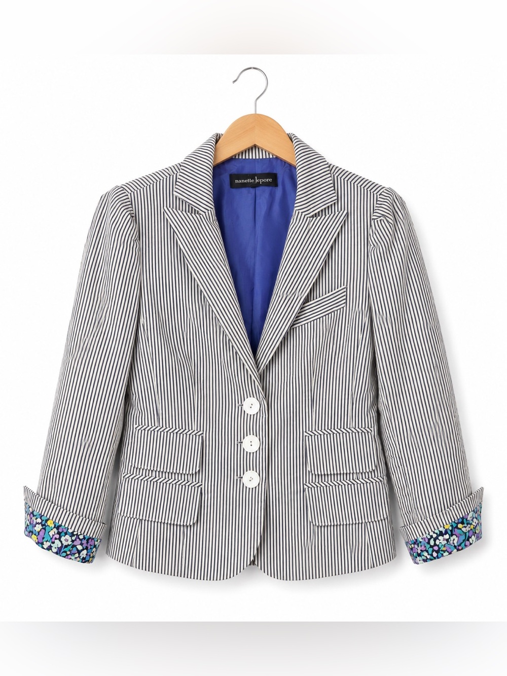 Nanette Lepore Pinstripe Blazer 10 Blue White Tailored Career Office Chic